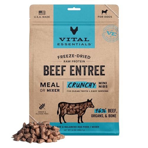 Vital Essentials Freeze Dried Dog Food, Raw Beef Crunchy Mini Nibs | Complete Meal or Topper | 96% Beef, Organs & Bone | L...