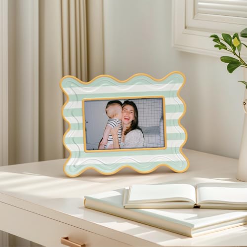 Synovana Wavy Striped 4x6 Picture Frame – Green and Cream with Frosted Finish, Tabletop Photo Display – Joyful Decorative ...