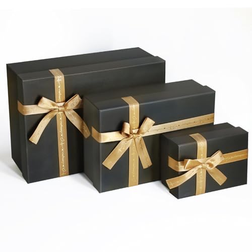 Airuisike Black Gift Boxes with Gold Ribbons & Bows - (3 Sizes) Sturdy Gift Boxes with Lids for Presents - Elegant Gift Wr...