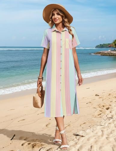 HOTOUCH Womens Dress Summer Casual Midi Short Sleeve Button Down Shirt Dresses Loose Beach Cover Up with Pockets