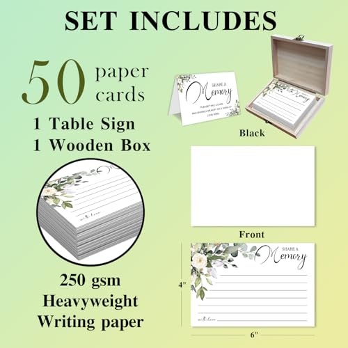 LeFohLon Share a Memory Cards with Box, Funeral Memory Box with 50 Greenery Cards, Wooden Keepsake Holder, Guest Book Idea...