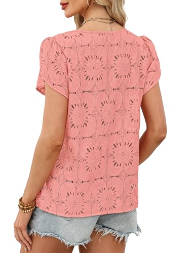 OFEEFAN Blouses for Women Dressy Casual Petal Short Sleeve Shirts Crochet Lace Boho Tops Spring Fashion Summer Outfits