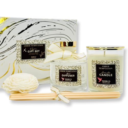 Moira's Bazaar Elysian Essence Aromatherapy Gift Set – Luxury Candle and Flower Reed Diffuser – Perfect Scented Gift for T...