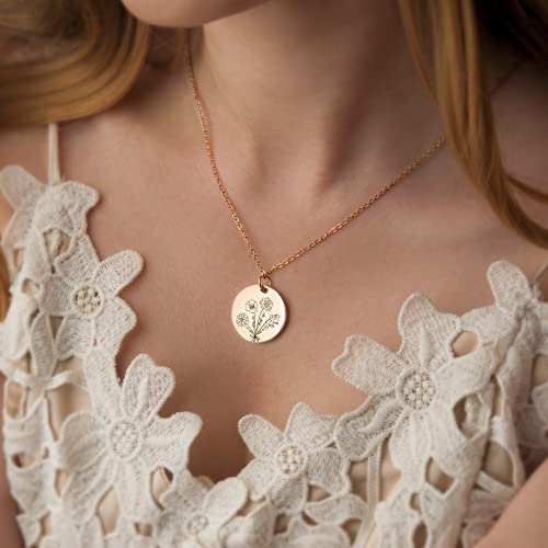 Anavia -Build Your Own Bouquet- Birthmonth Flowers Necklace, Personalized Engraved Floral Coin Necklace, Customized Birthd...