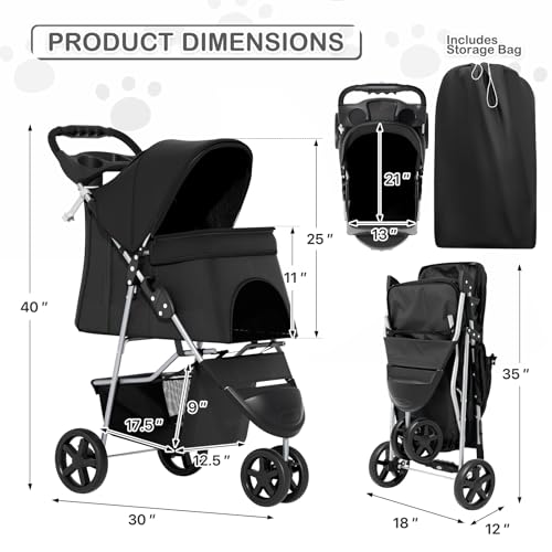 MoNiBloom Foldable Pet Stroller with Weather Cover, 3 Wheels Pet Strolling Cart for Small/Medium Dogs and Cats with Storag...