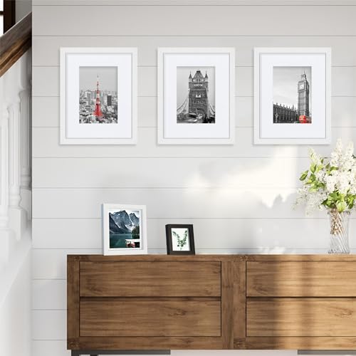 Hongkee 8x10 White Picture Frames set of 3, Made of Wooden and Glass Photo frame - Displays Picture 5x7 with Mat or 8 x 10...