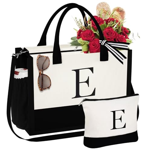 YOOLIFE Mothers Day Gifts - Initial Canvas Tote Bag & Makeup Bag, Birthday Gifts for Women Mom Sister Friends