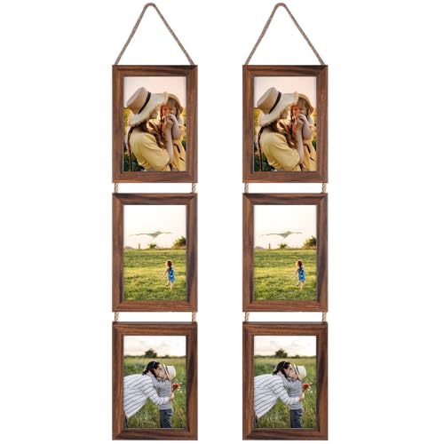 Lavezee 4x6 Collage Triple Picture Frames Set, Walnut Brown 6 Opening Hanging Vertical Frame Made to Display 4 by 6 Inch P...