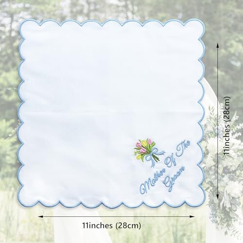 Lauusiusi Wedding handkerchiefs - Mother Father of the Bride Gifts 11" x 11" Something Blue Embroidered Hankies Gifts