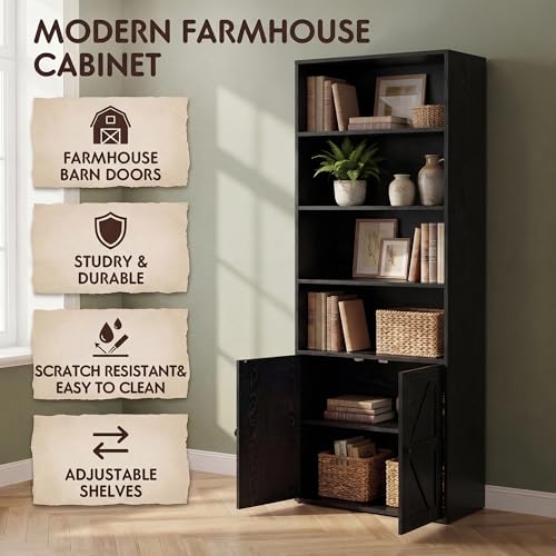 YESHOMY Farmhouse Bookshelf and Bookcase with Doors, Industrial Bookshelves and Bookcases Floor Standing Display 6-Tier Sh...