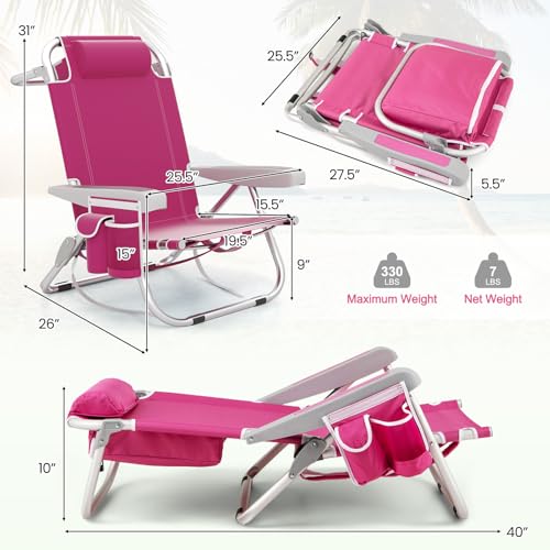 Goplus Beach Chair, 330lbs Folding Backpack Chairs for Adults with 5-Position Backrest, Storage Pockets, Towel Bar & Headr...