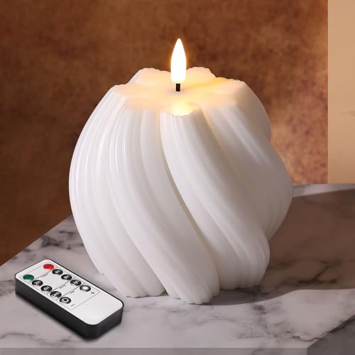 Girimax White Swirl Flameless Candles with Remote, Aesthetic Twirl LED Pillar Candle Housewarming Gift Home Shelf Decor 1 ...