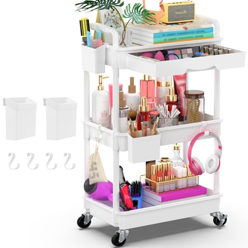 Goovilla 3 Tier Rolling Utility Cart Organizer with Removable Drawer, Stable and Sturdy White Rolling Storage Carts with 2...
