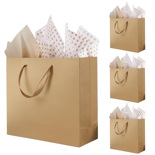 Plauthus Brown Gift Bags with Handles, 4 Pack Large Gift Bags with Tissue Paper, Kraft Paper Gift Bags for Shopping, Part...
