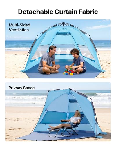 VEVOR Beach Tent Sun Shelter for 4 Person, Pop Up Beach Tent UPF 50+, Portable Sun Shade Beach with Carrying Bag and Sand ...