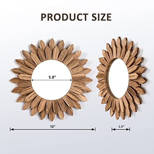 Honiway Wall Mirror Decorative 12 inch Rustic Wood Mirror Sunburst Boho Mirror for Entryway Bedroom Living Room Bathroom H...
