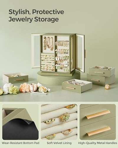 SONGMICS Jewelry Box 360° Rotating, Jewelry Storage Case with 5 Drawers, Jewelry Organizer, Glass Window, Spacious, Vertic...