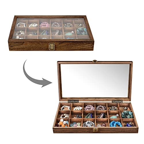 MOOCA Wooden Jewelry Display and Beads Display Storage Case with Tempered Glass Lid , 18 Compartments, 15" W x 8 3/8" L x ...