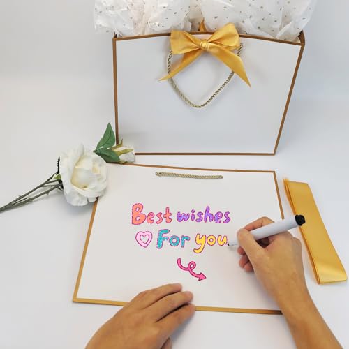 TKSBAG 12PCS Gift Bags Medium Size with Handles, 12.5 x 9.8 x 4.3 In White Gold Thank You Bags with Bow Ribbon for Weddin...