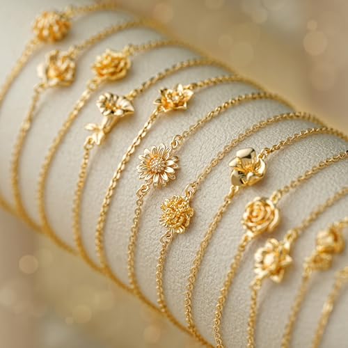 MYEARS Birth Flower Bracelets for Women Gold Sideways Charm 12 Months 14K Simple Dainty Chain Floral Jewelry Gift