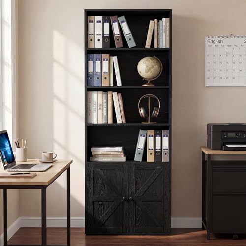 YESHOMY Farmhouse Bookshelf and Bookcase with Doors, Industrial Bookshelves and Bookcases Floor Standing Display 6-Tier Sh...