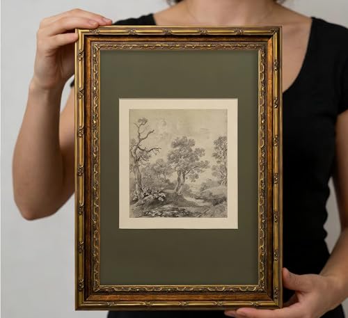 Vintage Gold Framed Wall Art Tree Forest Landscape Painting Canvas Prints Green Gray Tree Natural Sketch Picture Rustic Fa...