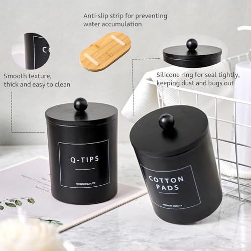 Glass Qtip Holder for Bathroom, Black Cotton Round Holder Swab Pad Dispenser with Lids, Floss Pick Holder with Bamboo Tra...