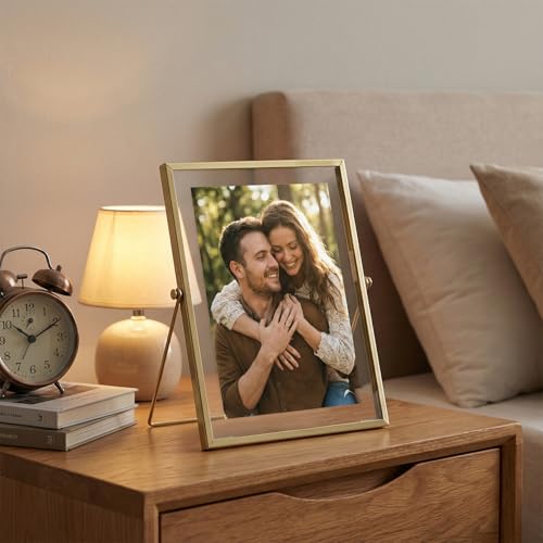 QWORK Gold Floating Picture Fram, Set of 3 Glass Double Panel Metal Frame, Includes 5x7, 4x6, 4x4, Tabletop Display for Po...