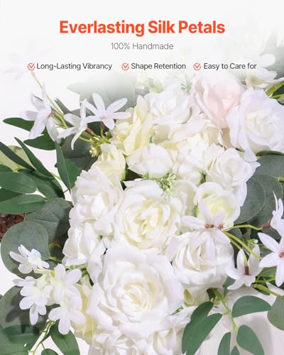 VEVOR Artificial Wedding Arch Flowers Kit, White Wedding Arch Flowers with Drapes Kit (Pack of 3) - 2 Pcs Floral Arrangeme...