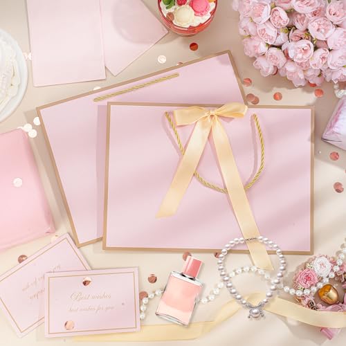 woric Pink Gift Bags with Handles, 14" Medium Gift Bags with Tissue Paper, 2 Pcs Pink Bags with 4 Tissue Paper and 2 Cards...