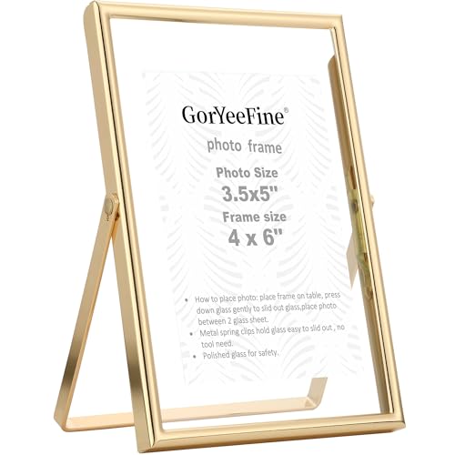 GorYeeFine Gold 4x6 Floating Picture Frame for Photo(2x3'',3.5x5''),Adjustable Tabletop/Shelf,Floating Picture Frames 2x...