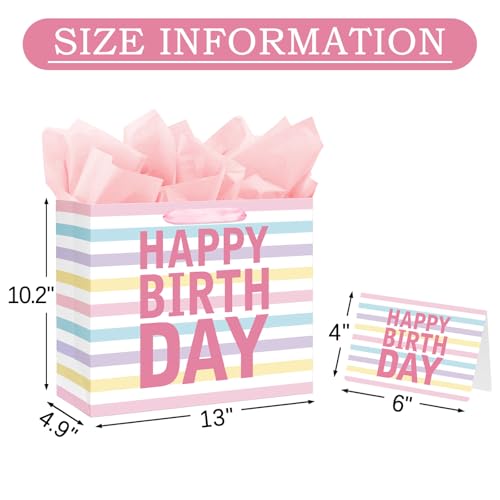 Laidans 13" Large Happy Birthday Gift Bag with Handles and Tissue Paper, Cards for Girls Women Birthday Party Favors Wrap,...