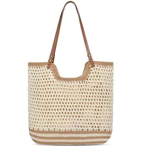 Pleneal Crochet Beach Bag, Summer Woven Tote Bag with Lining, Soft Purse Shoulder Bags for Vacation