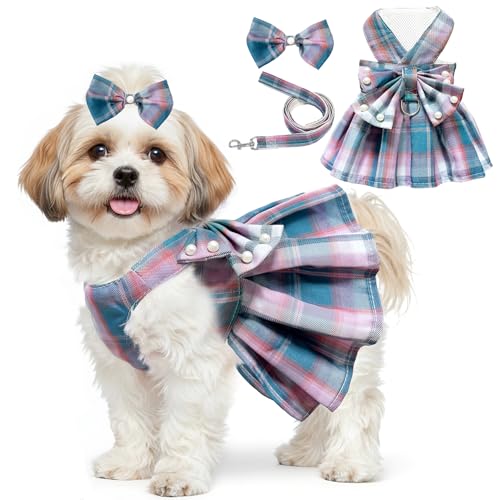 Dog Dress Bowknot Harness Leash Set for Small Dogs Girl Cute Plaid Dog Dress Pearls Bow Tie Spring Summer Princess Clothes...