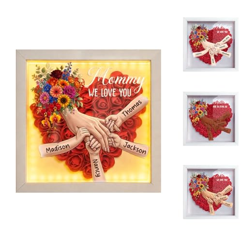 Custom Mom Flower Shadow Box with Kids Names, Personalized Mommy Holding Hands Shadow Box Frame, Light Up Floral Flower He...