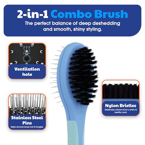 American Kennel Club AKC Pet Grooming Brush for Dogs and Cats - 2-in-1 Deshedding and Detangling Brush with Dense Nylon Br...