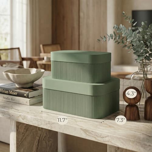 Decorative Storage Boxes with Lids – Set of 2 Beautiful Fluted Cardboard Organizer Bins for Your Home Bookshelf Decor to S...