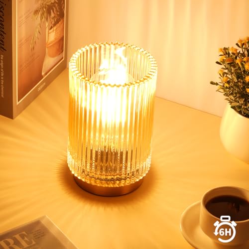 Mirasium Battery Operated Lamp, Cordless Table Lamp with Timer, Desk Bedside Lamps with LED Warm Light, Glass Small Table ...
