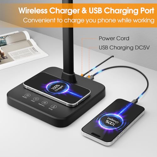 ShineTech LED Desk Lamp for Home Office, 24W Double Head Desk Light with Wireless Charging, USB Port, 25 Lighting Modes Ad...