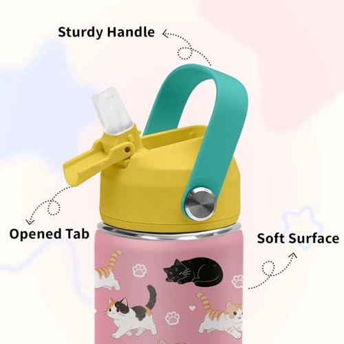 Cat Water Bottle for Girls, 12 Oz Stainless Steel Tumblers for Women with Straw Lid and Handle, Mugs for School or Travel,...