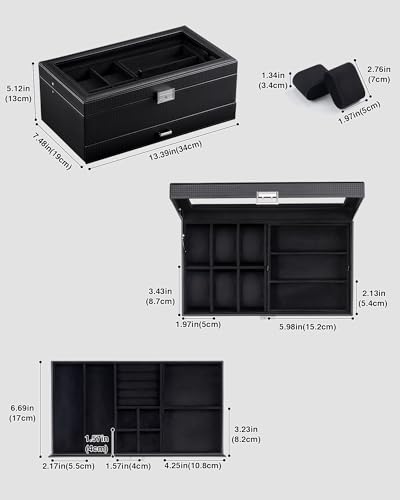 ProCase Mens Jewelry Box, Lockable 6 Slot Watch Case & 3 Slot Sunglasses Organizer, 2-layer Mens Jewelry Organizer Watch B...