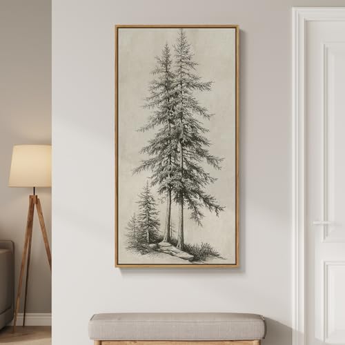 Framed Vertical Vintage Sketch Tree Living Room Wall Art, Large Black Beige Rustic Pine Artwork for Walls, Classic Antique...