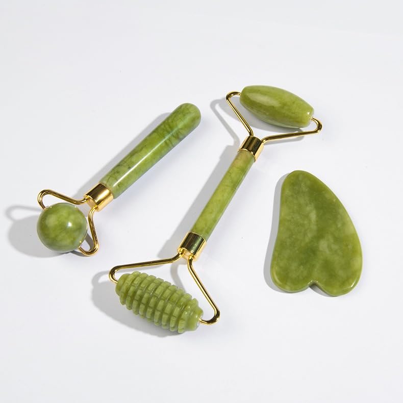 3-in-1 Jade Roller and Gua Sha Facial Kit | 100% Natural Jade Stone Massager Set for Anti-Aging, Wrinkle Reduction & Skin ...