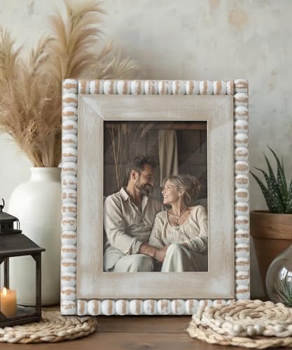 Afuly 5x7 Farmhouse Picture Frame Boho White Beads Photo Frame Wooden Distressed Wall Hanging Desk Standing Decor Artwork ...