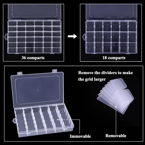 OUTUXED 4 Pack 36 Grids Plastic Bead Organizer Box with Dividers, Clear Craft Tackle Box Parts Storage Containers with Com...