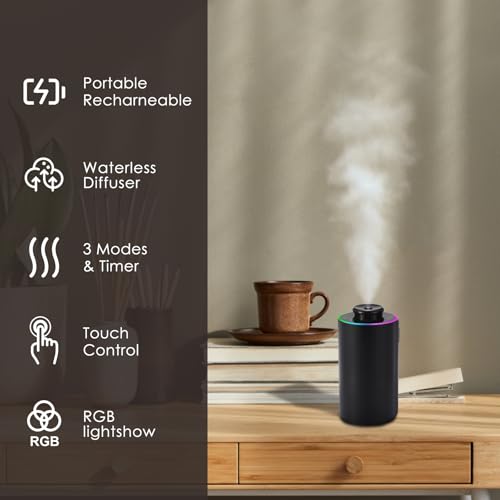 Waterless Essential Oil Diffuser with 8 Color LED Night Light, 3 Mist Levels & Timers, Portable Rechargeable Aromatherapy ...