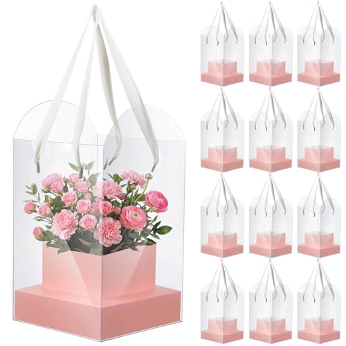 Kolldenn 12 Pack Clear Pink Flower Bouquet Bags with Handle, 9.45 Inch Mother's Day Boxes for Floral Arrangement, PVC Wate...