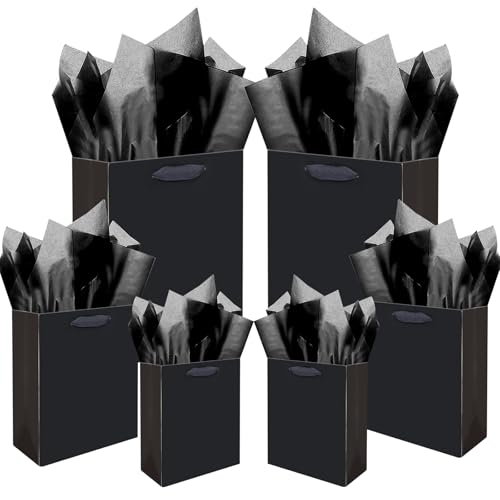 qiqee Black Gift Bags with Tissue Paper Mulit Assorted Sizes 24PCS Present Party Favor Birthday Bags(4pcs Large 13", 10pcs...