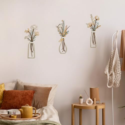 Pigort 3 Pieces Metal Flowers Wall Art- Rustic Farmhouse Decor Minimalist Decor for Living Room Bathroom Bedroom Dining Ro...