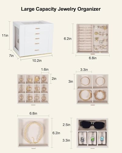 GUOER Jewelry Box 5 Layer for Women, Glass Lid Jewelry Organizer with 5 Drawers for Necklaces Rings Earrings Bracelets, Fu...